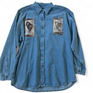 Sierra Pacific Denim Button Up Shirt Patchwork Africa Safari Animal Large Cotton